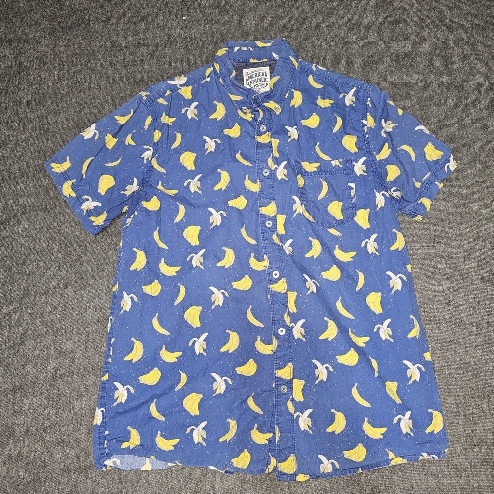 American Republic Banana Print Blue Cotton Button Up Shirt Large